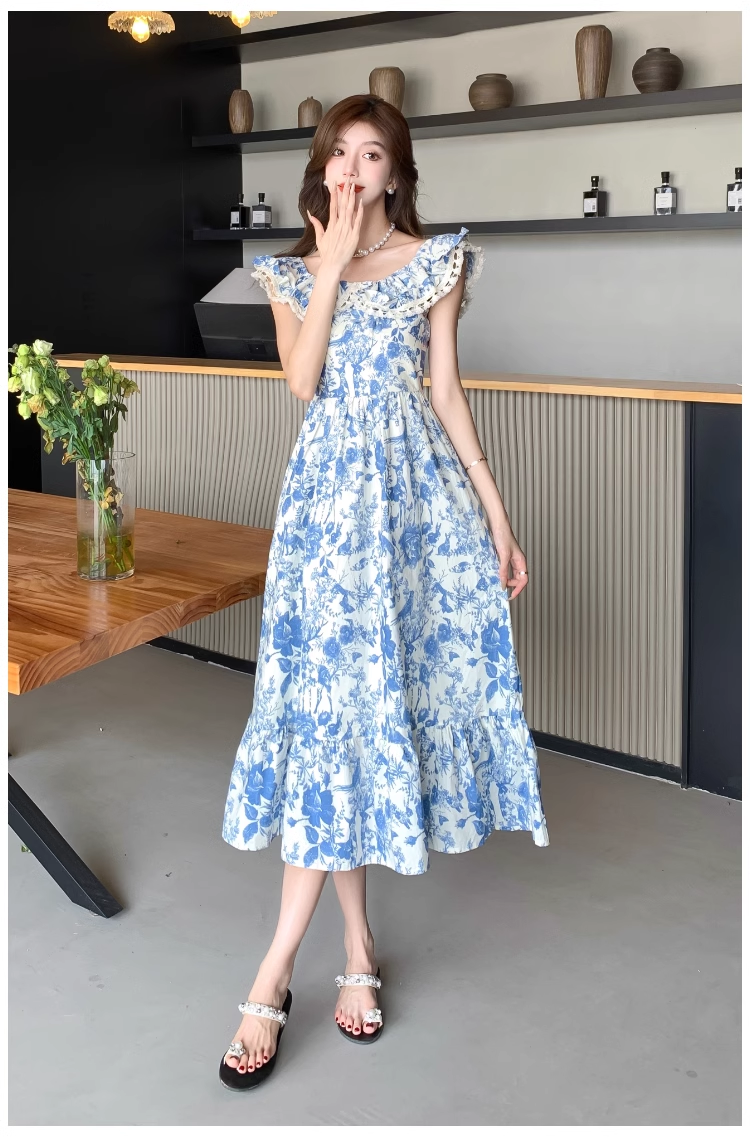 Women's summer blue oil painting floral dress YM1159