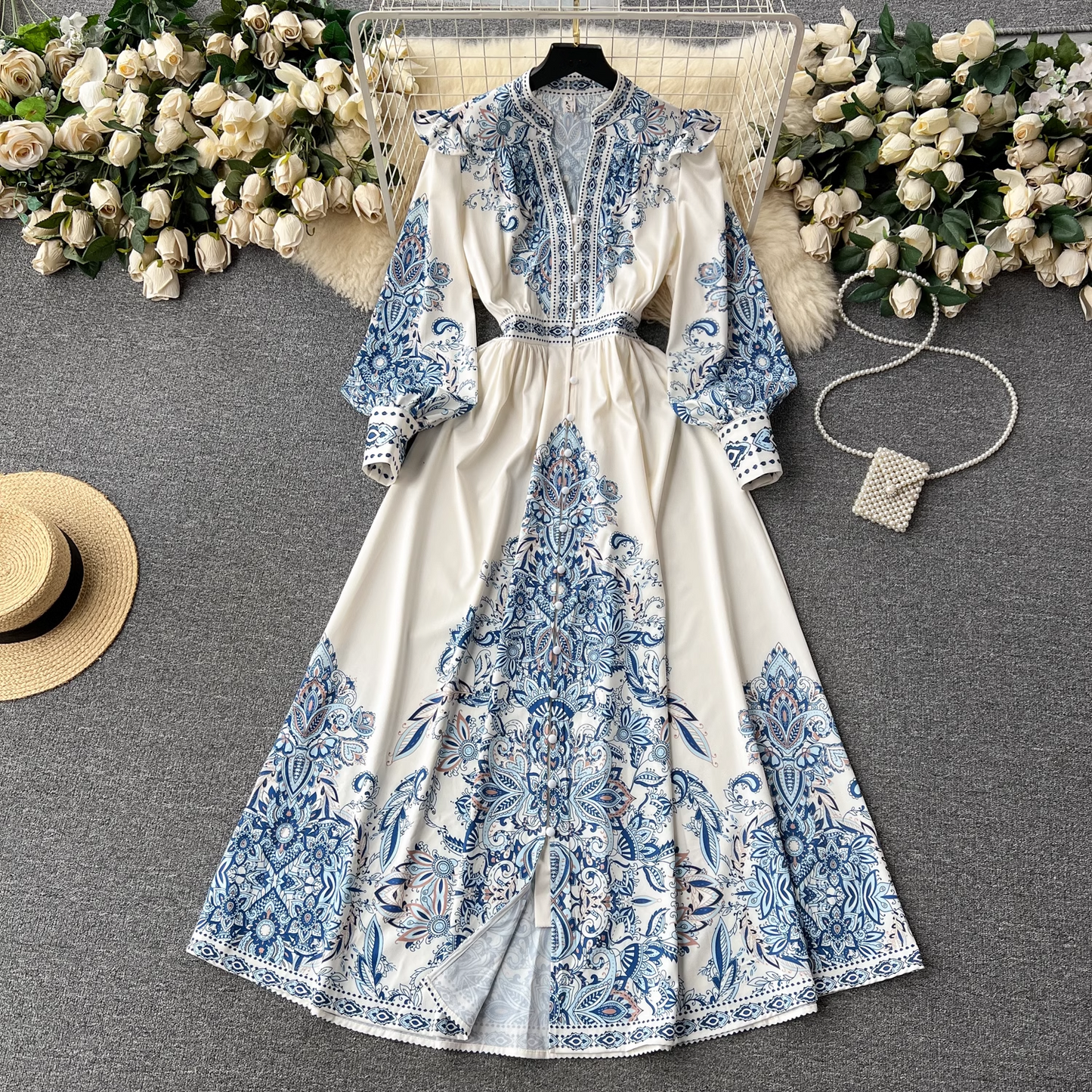 women's printed v neck long sleeve maxi dress YM427