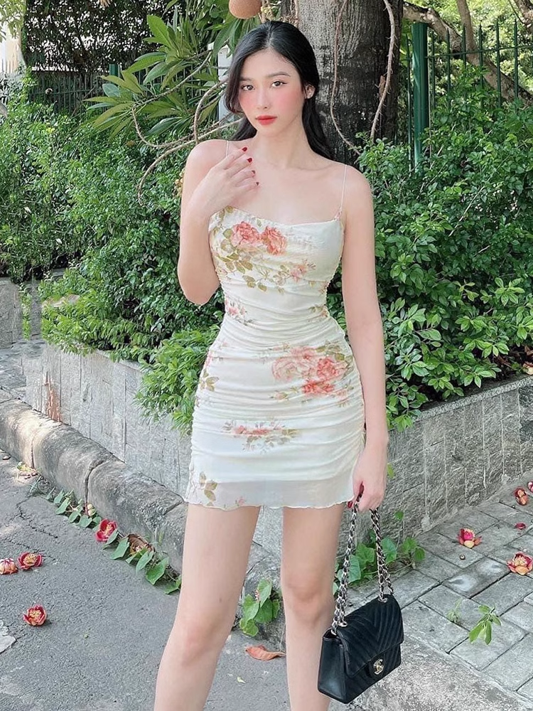 Summer floral mesh suspender dress  YM739