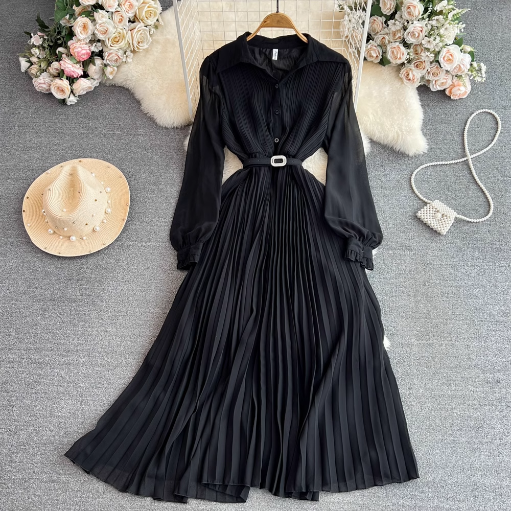 Chic A-line Pleated Maxi Dress, YM271