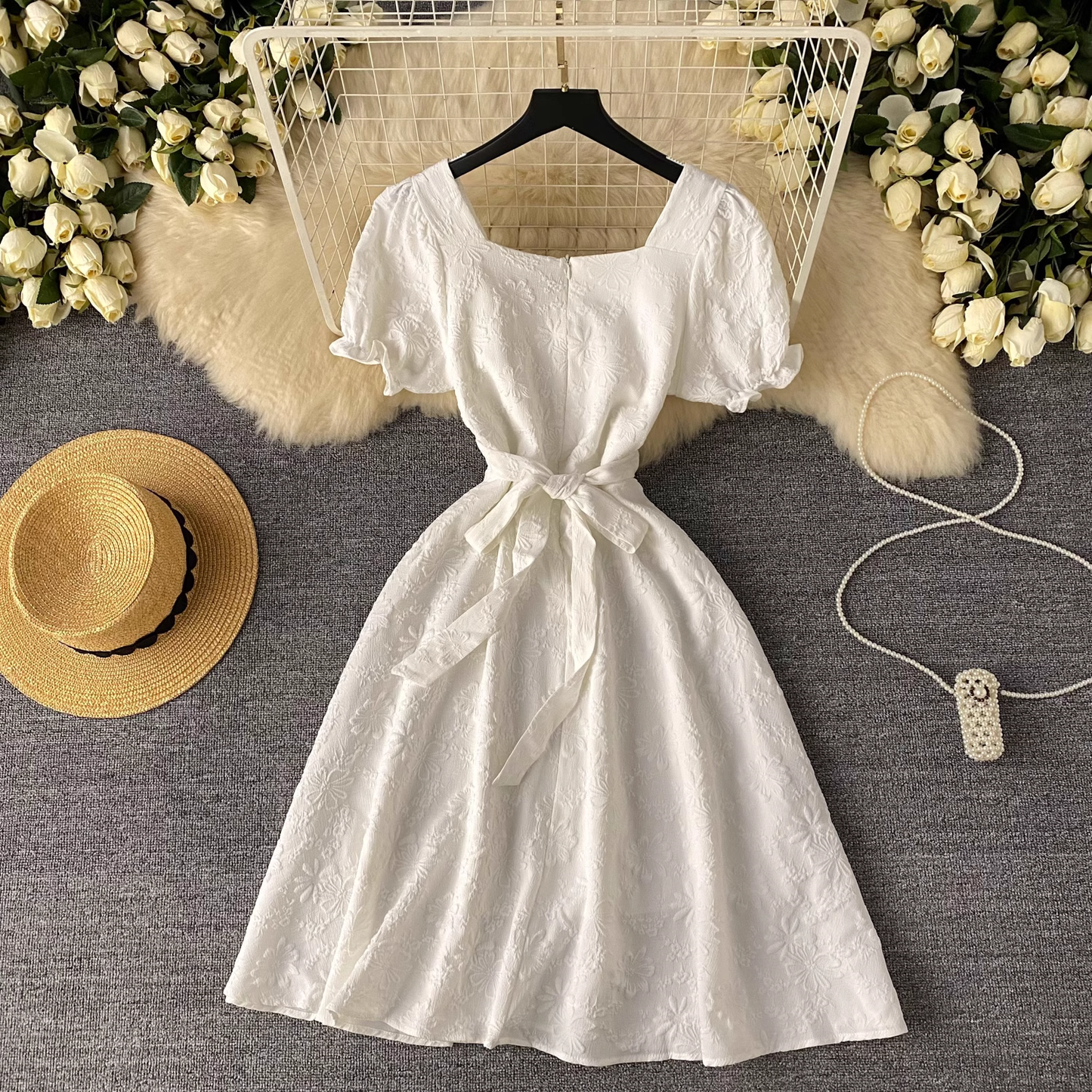 Summer new design twist square neck puff sleeve dress YM1074