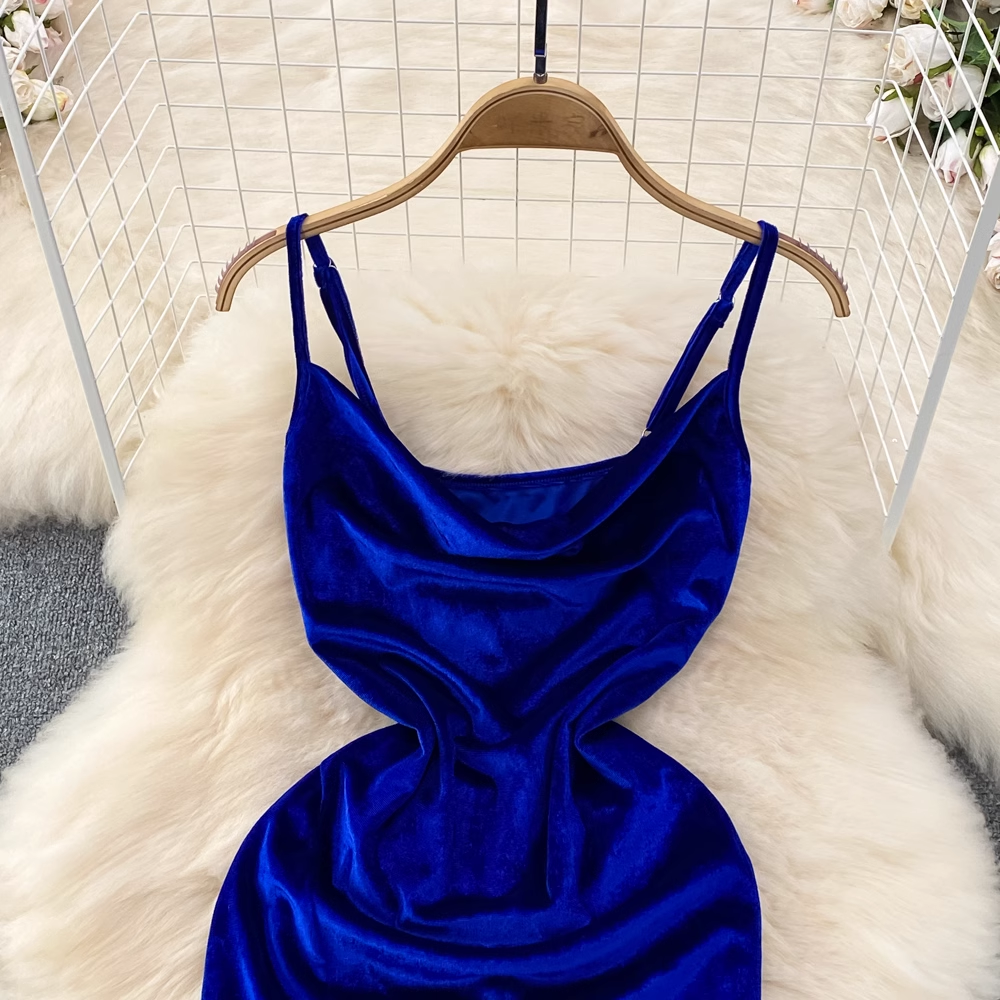 Royal Blue Spaghetti Straps Velvet Party Dress YM291