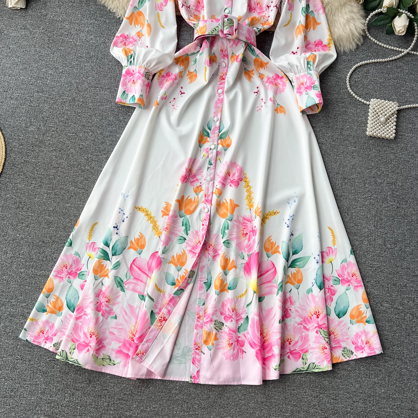 Lantern long-sleeved lapel single-breasted fashion print tie-waist elegant dress YM423