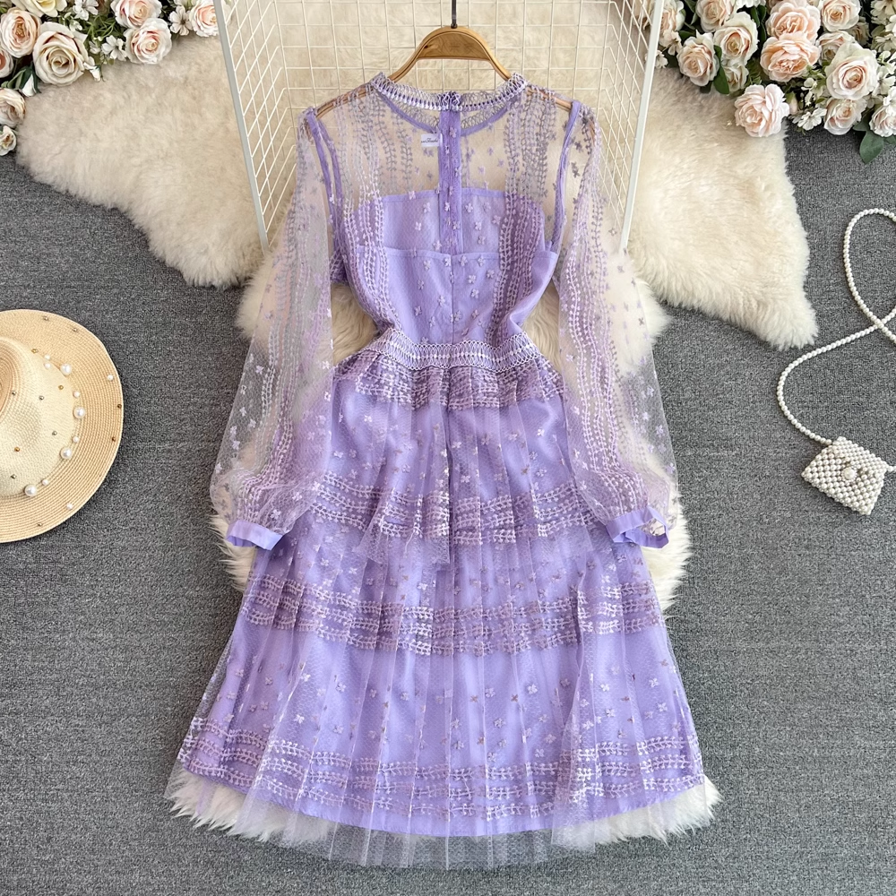 Retro court style round neck lace stitching waist A-line mesh embroidered dress, YM248