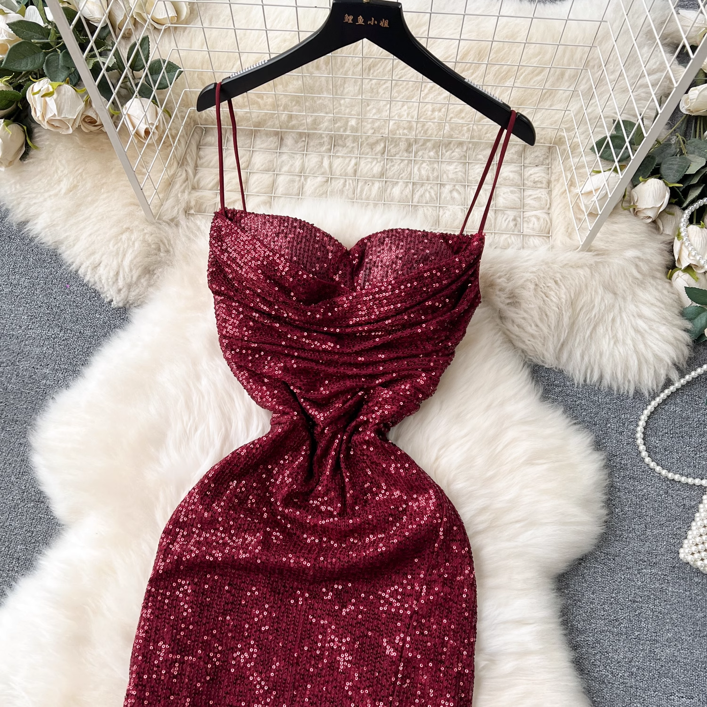 Burgundy Sequins Dress With Split  YM1237