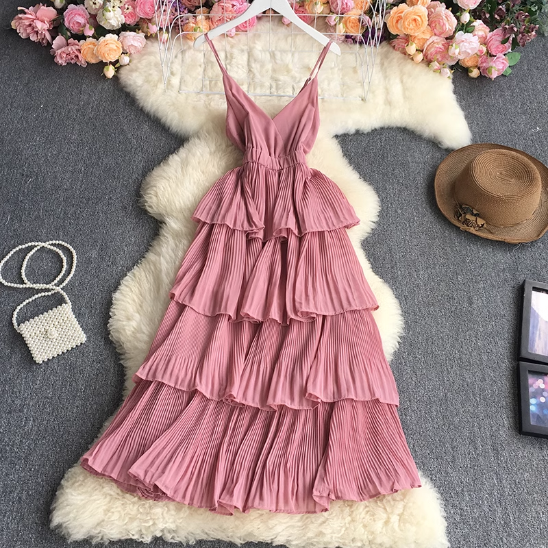 women's summer suspender pleated dress YM524