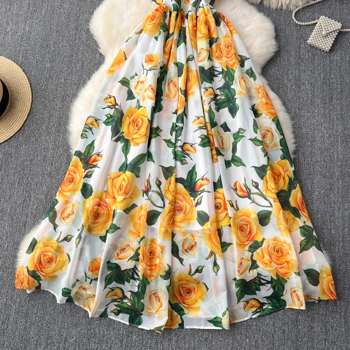 Summer new style French retro elegant printed suspender long dress   YM1106