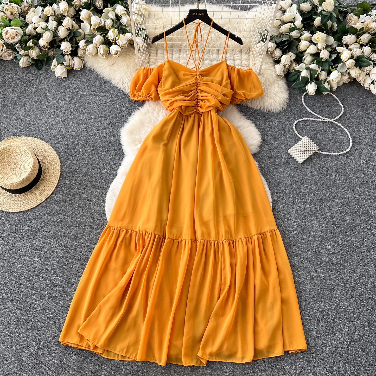 Women's summer strapless pleated dress with straps YM352