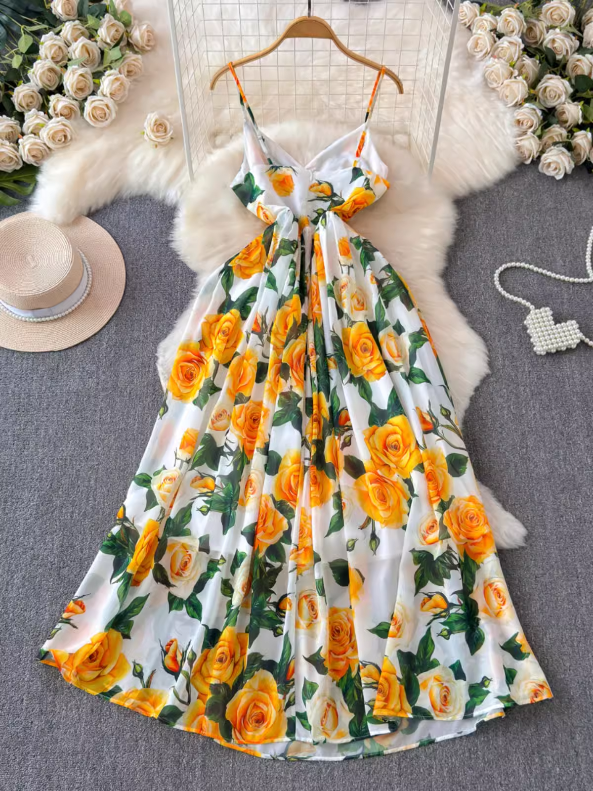 Retro palace style printed sleeveless suspender dress YM1443