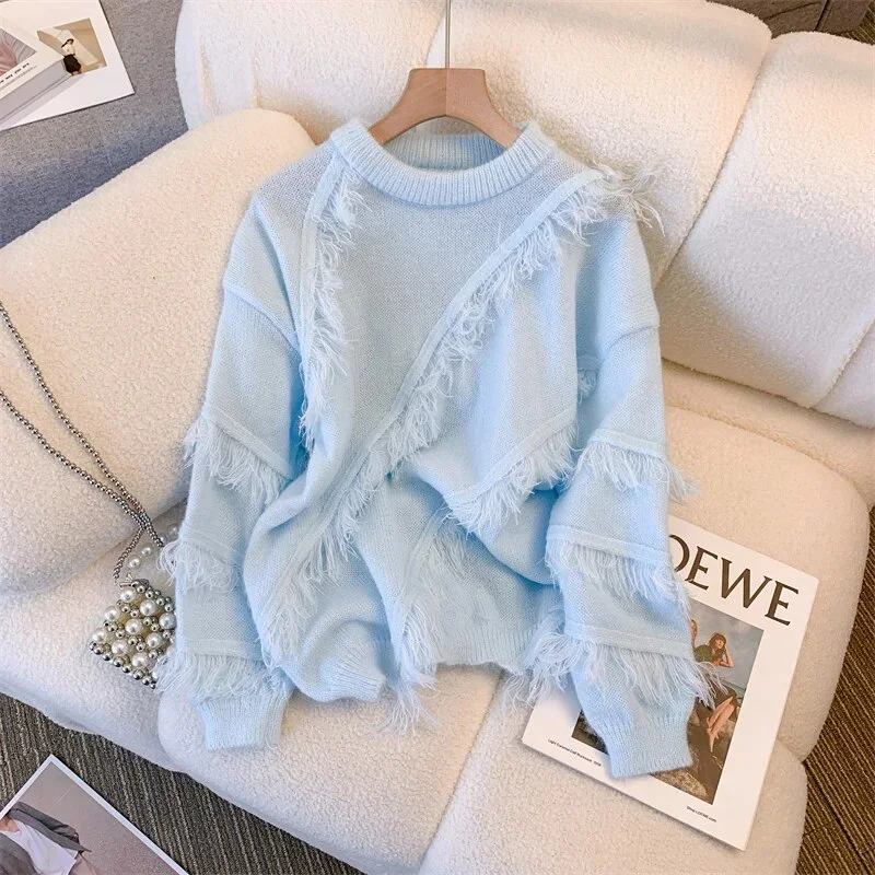 Tassel O-neck Blue Sweater New Women's Fashion Pure Color Pullover Sweater YM1935