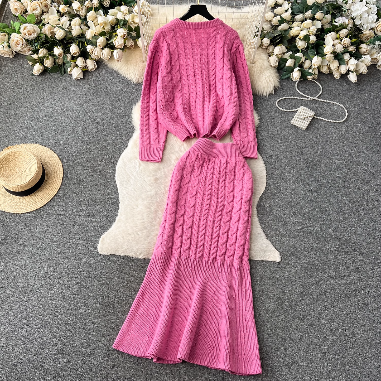 Retro twist long-sleeved sweater + mermaid skirt two-piece set YM570