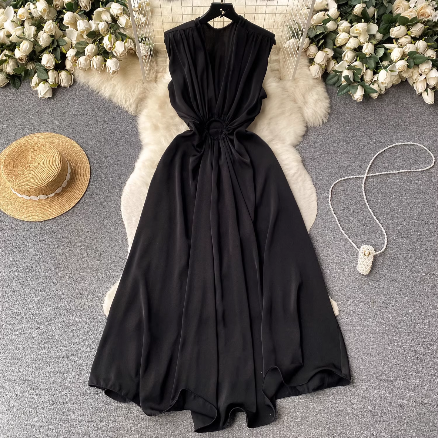 V-neck pleated waist hollow dress women summer dress ,YM159