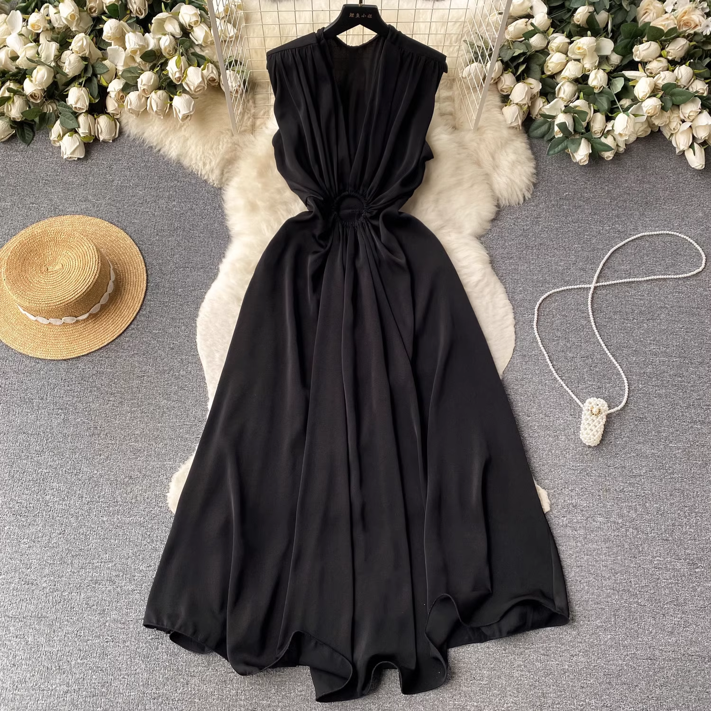 V-neck pleated waist hollow dress women summer dress ,YM159