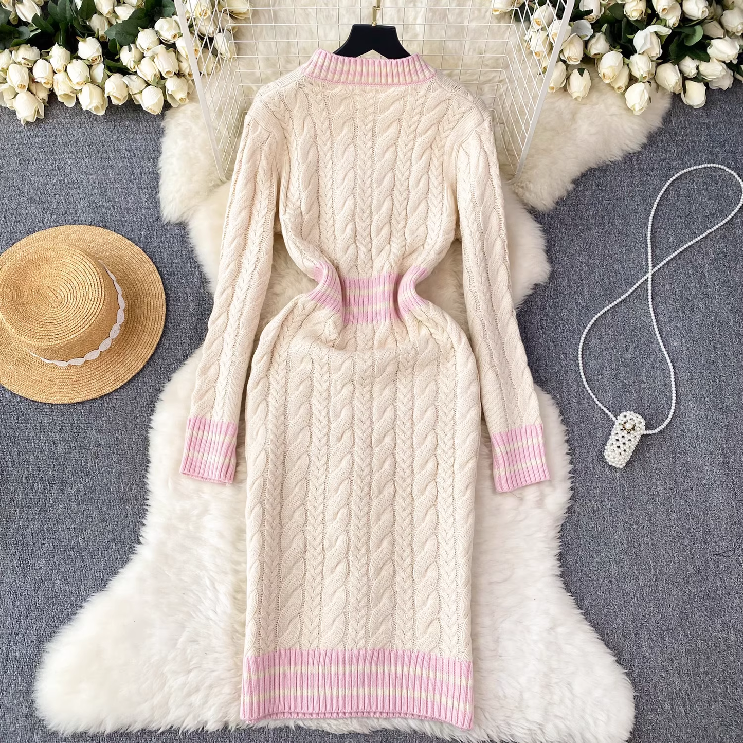 Knitted dress for women autumn design with contrasting stripes YM610