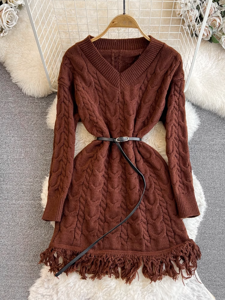 Long-sleeved V-neck waist slimming mid-length A-line fringed knitted sweater dress YM854