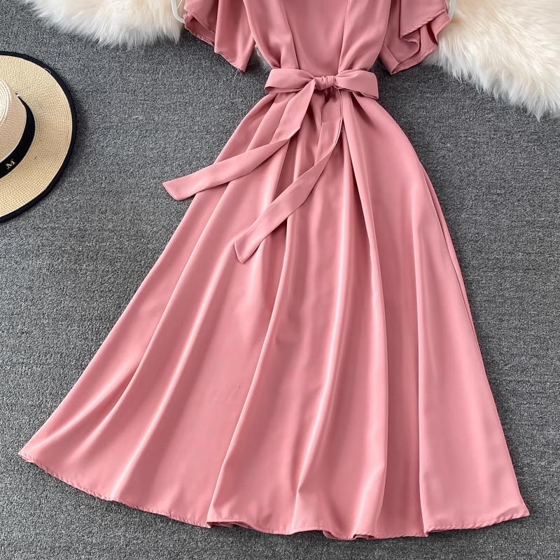 chic retro solid color ruffled mid-length square neck dress ,YM210