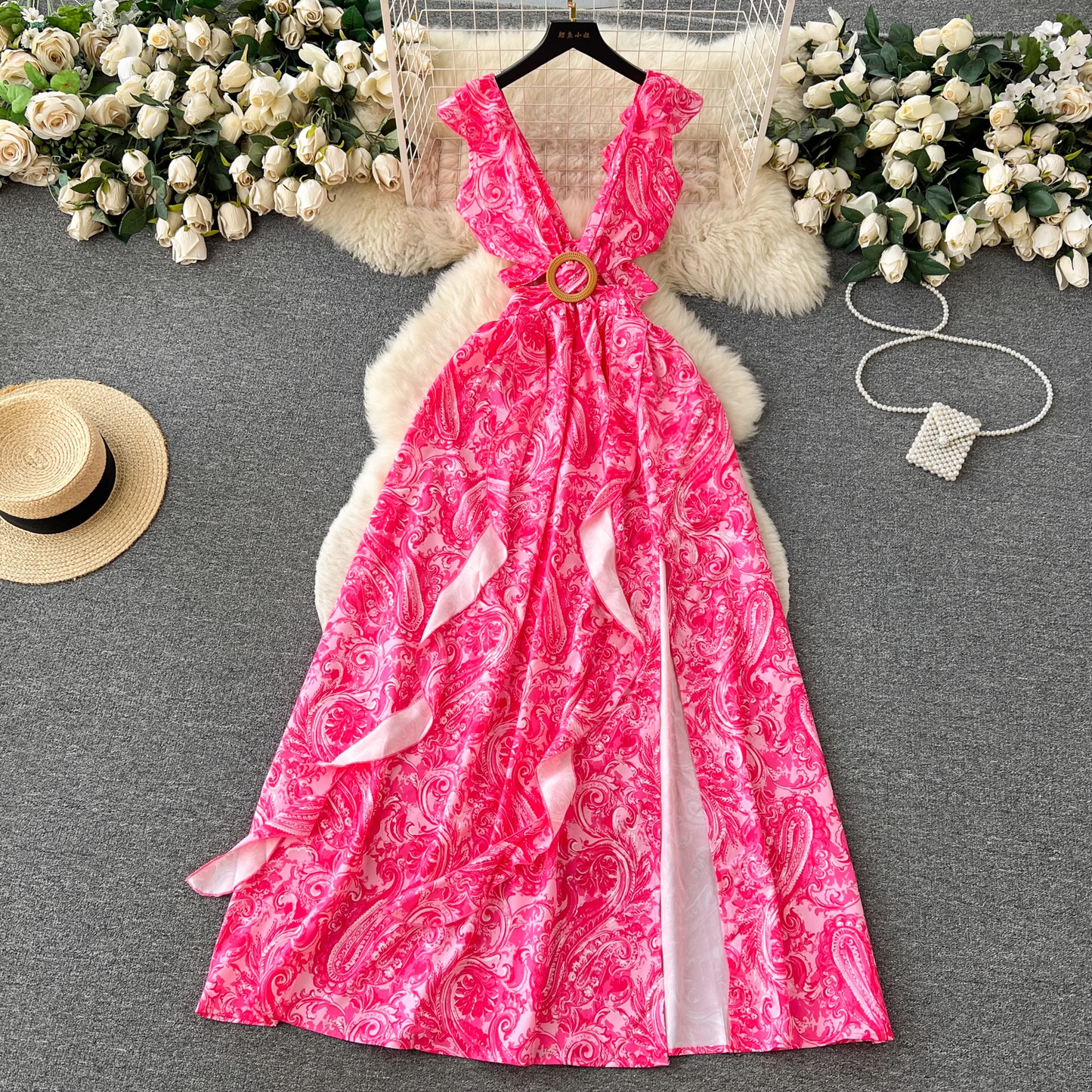 Women's summer floral suspender dress with ruffled slit YM451