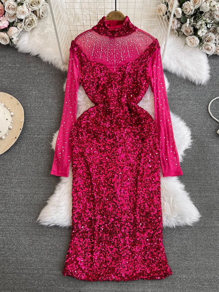 Long-sleeved mesh patchwork stand-up collar sparkling sequin dress YM1015