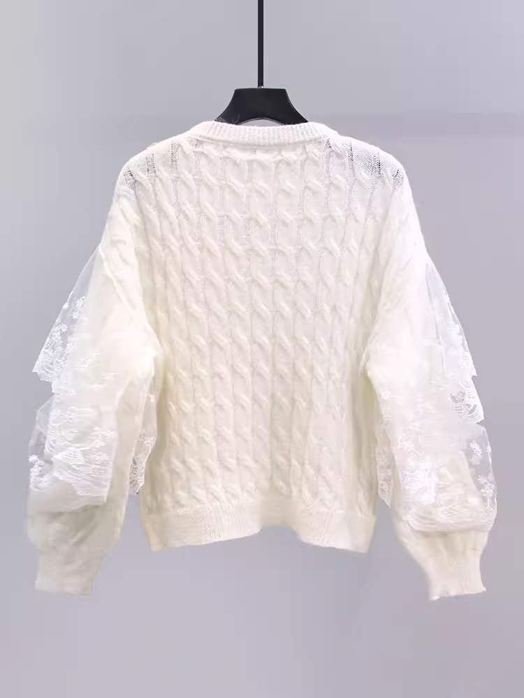 women's lace spliced twist pullover sweater YM671