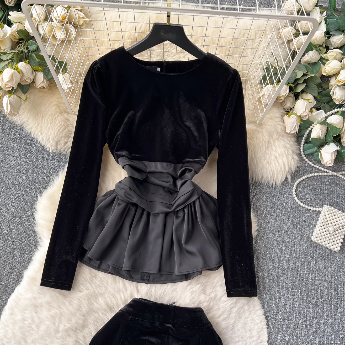 Velvet top women design sense patchwork skirt two-piece dress YM624