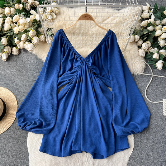 Sexy Deep V Neck Lantern Long Sleeve Dress for Women Vacation Dress YM509