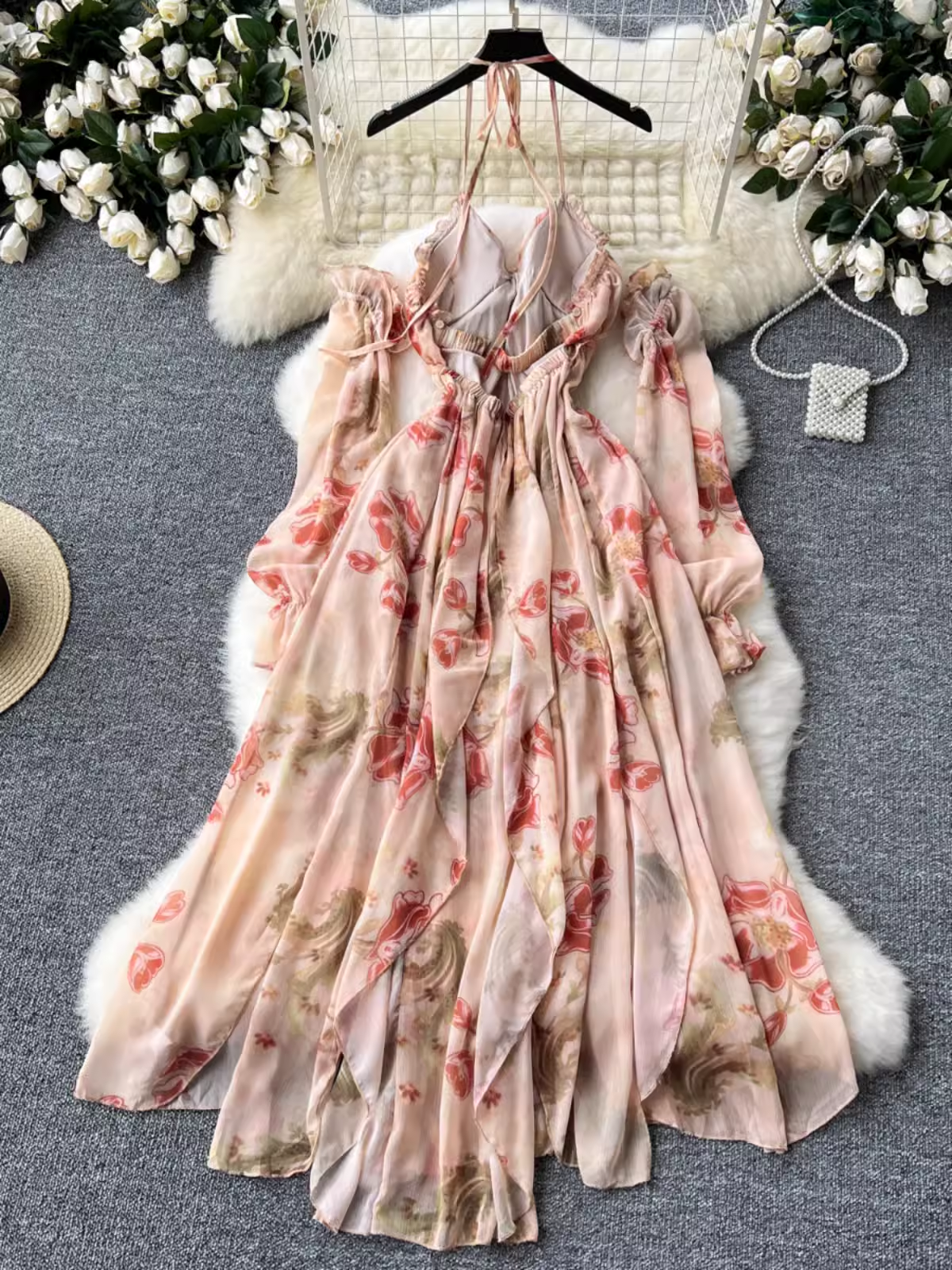 Irregular ruffled printed chiffon dress  YM1468