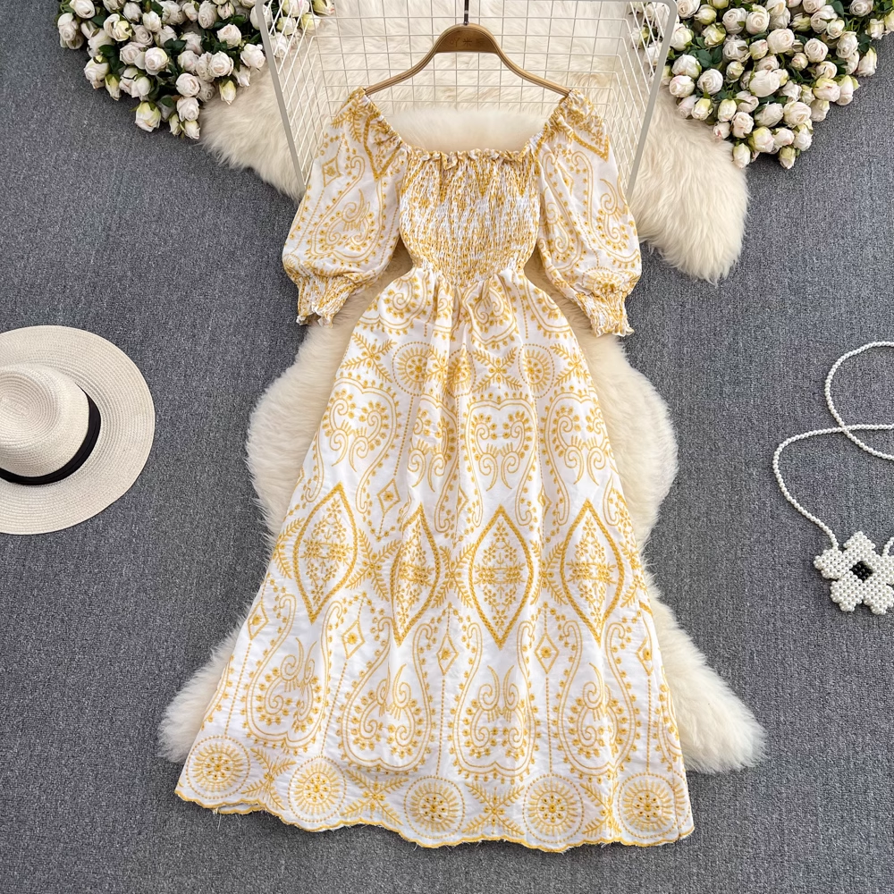 Retro square neck puff short-sleeved hollow embroidered A-line dress YM829