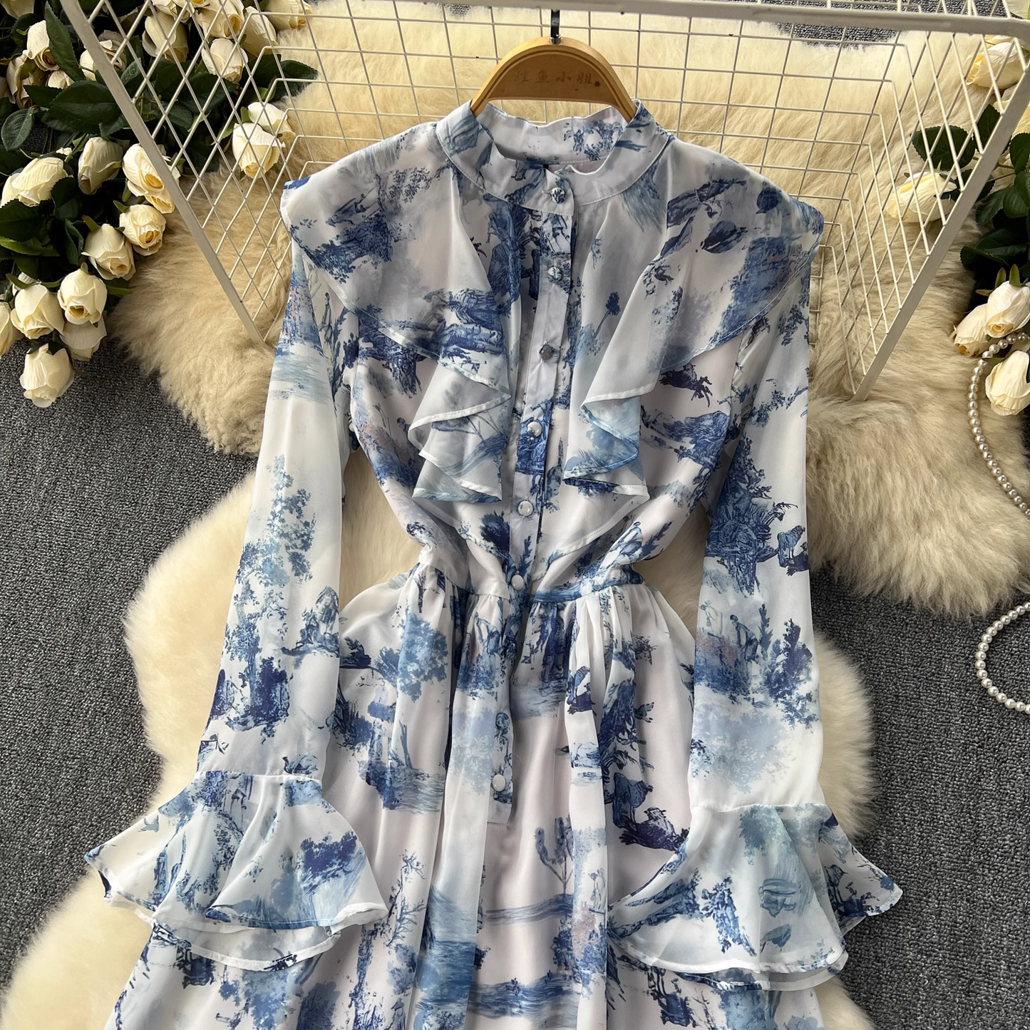 Retro elegant ink print chiffon dress YM1087