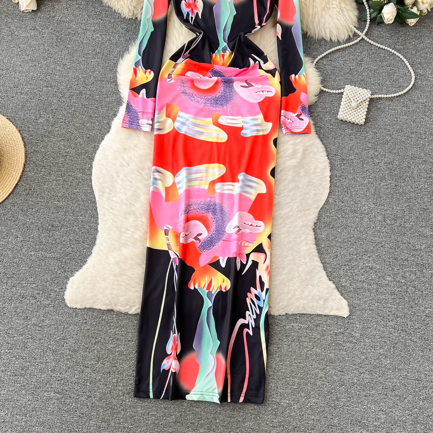 Retro fashion printed hip-hugging dress YM435