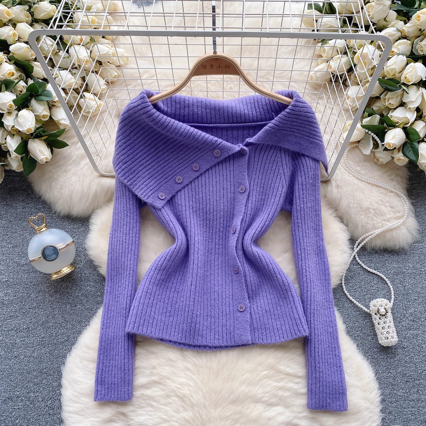 Solid Color Knitted Sweater Women's Autumn and Winter Irregular Design YM637