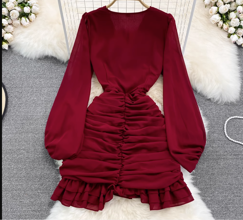 V Neck Irregular Ruffles Dress ,YM223