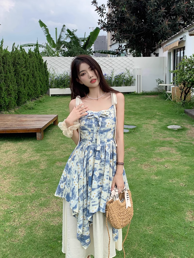 Oil painting floral suspender dress women's summer stitching fake two piece skirt YM1190