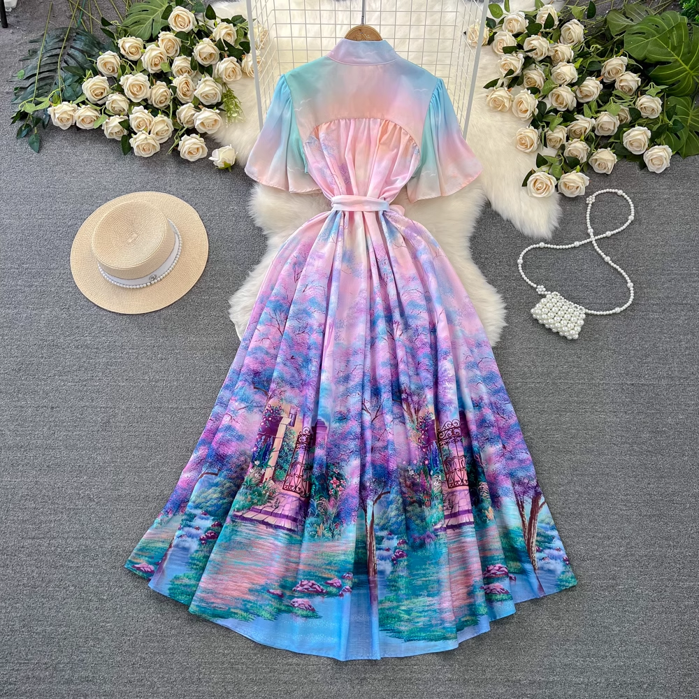 Ruffle sleeve stand collar a line printed dress YM980