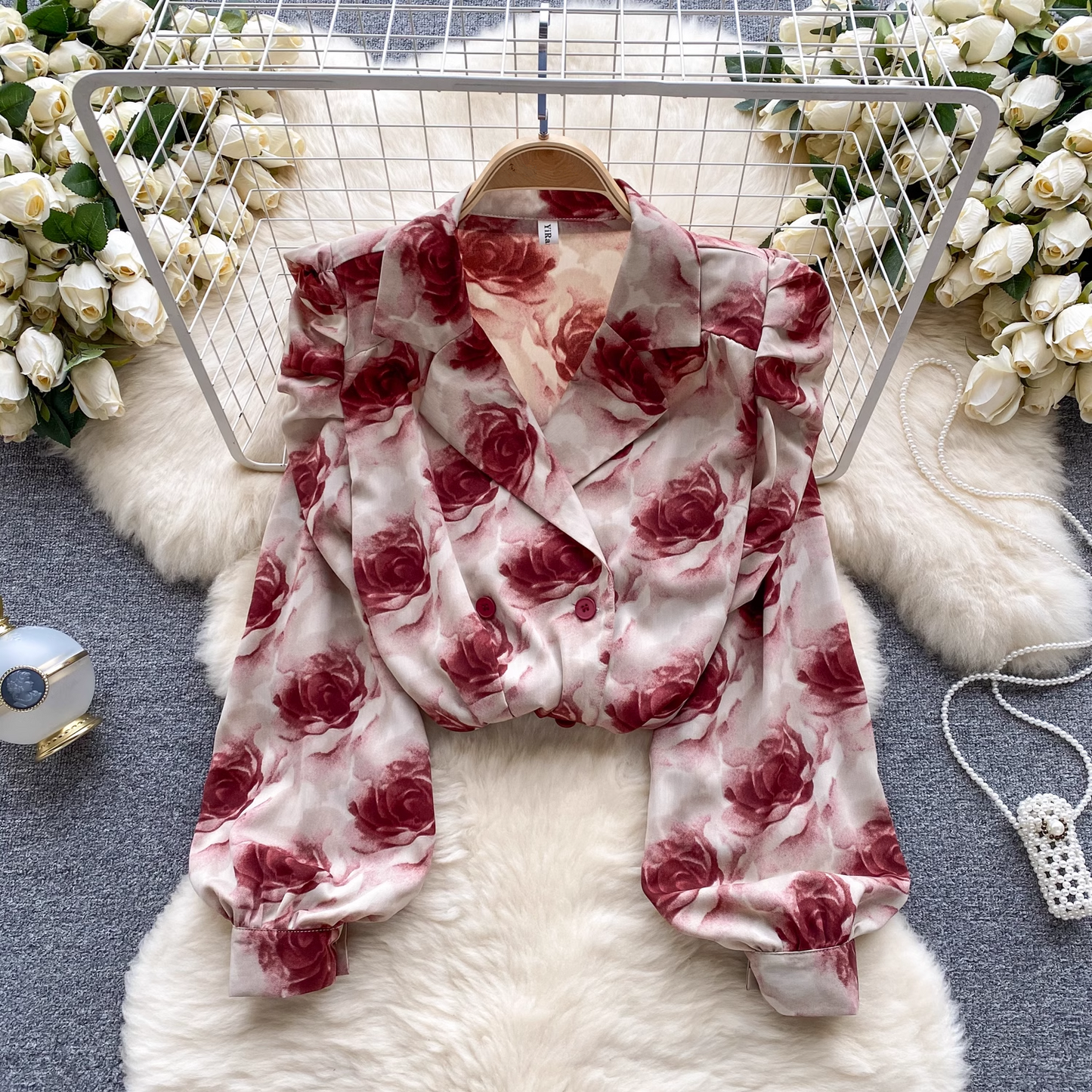 French pleated puff sleeve suit collar floral blouses YM559