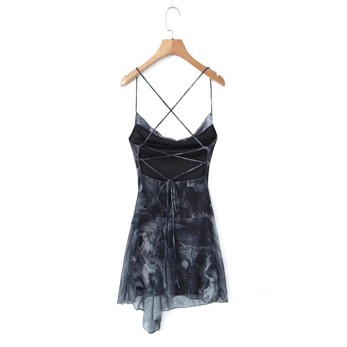 Tie-dye printed mesh irregular dress YM1350