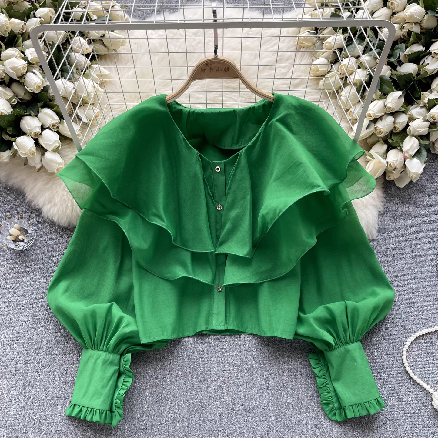 Women's autumn ruffled mesh shirt with lantern sleeves blouses  YM492