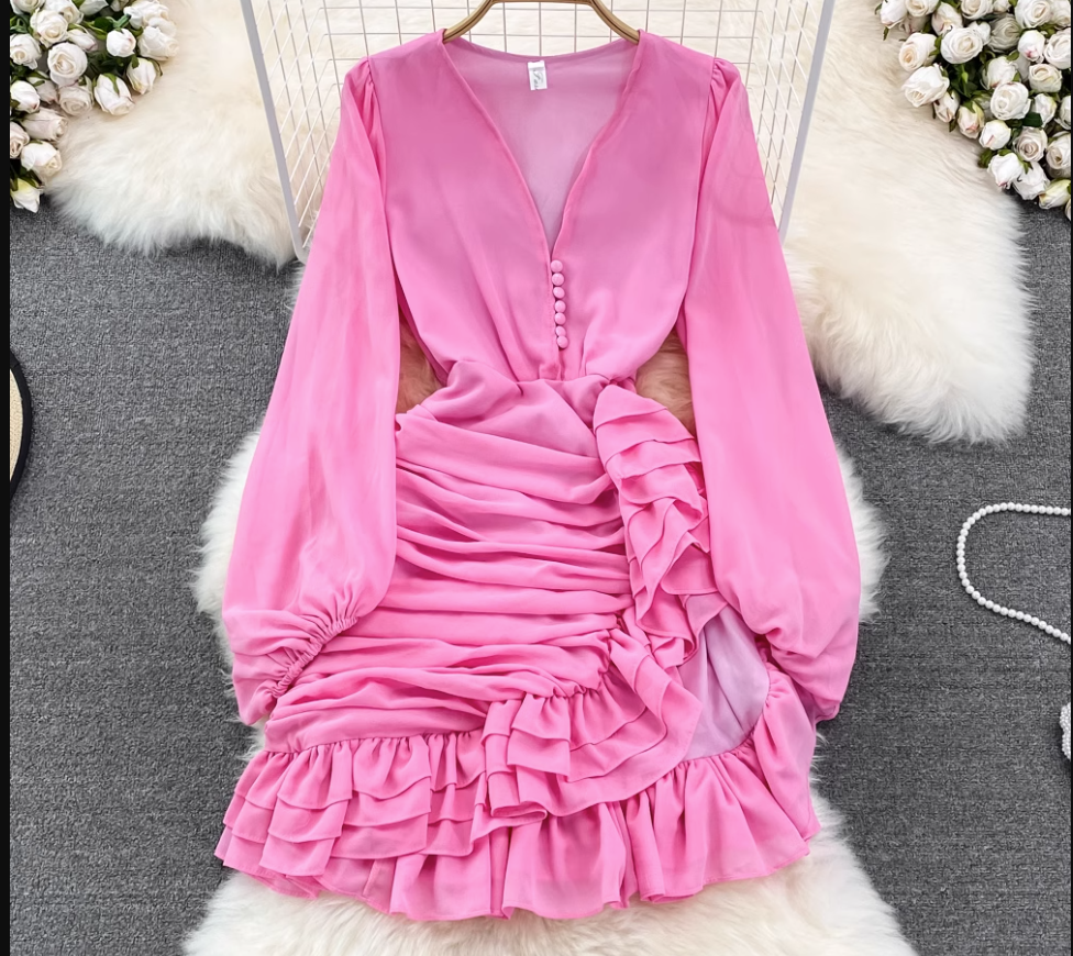 V Neck Irregular Ruffles Dress ,YM223