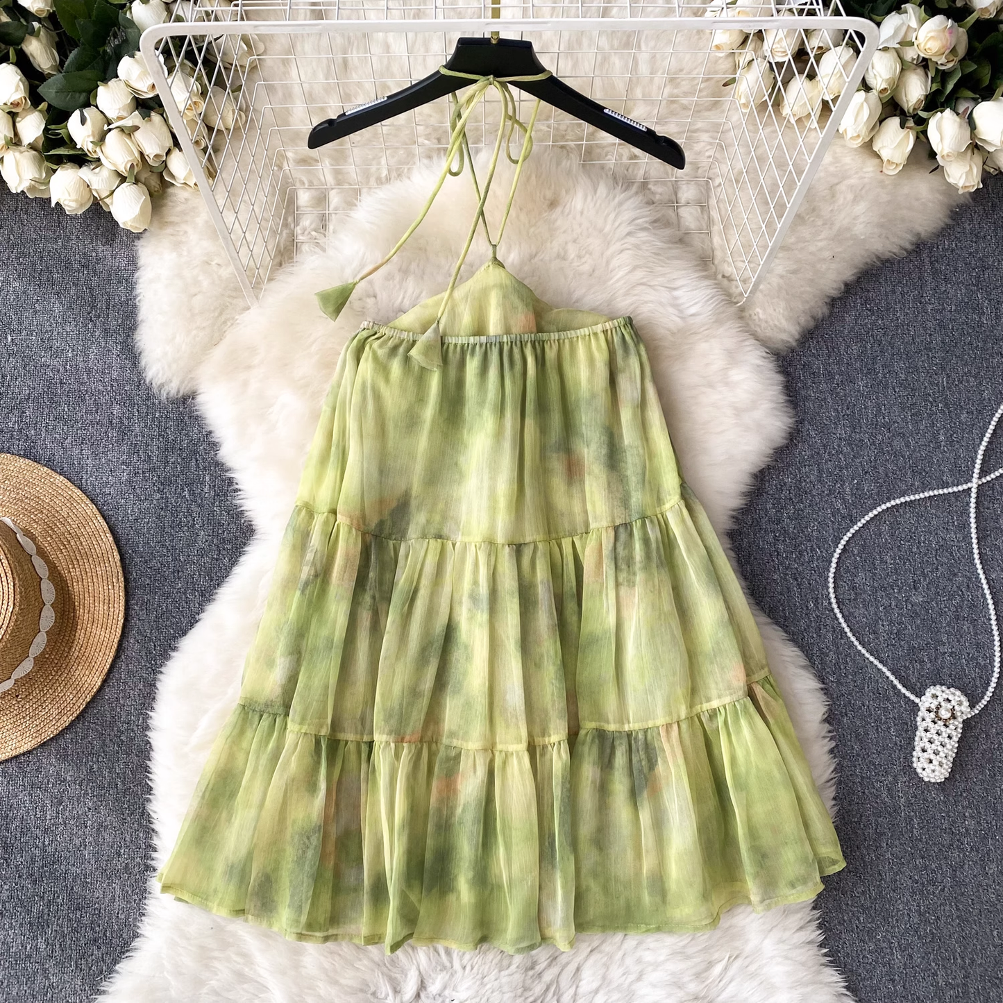 Summer holiday style chiffon halter neck blooming print dress YM308