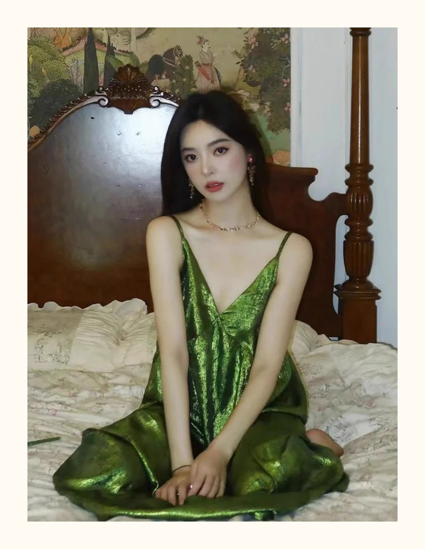 Green V-neck suspender dress YM1482