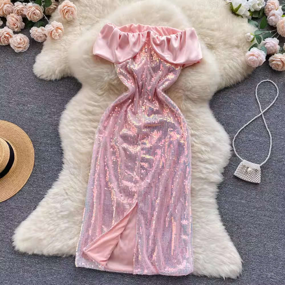 Pink Ruffle Neckline Sequins Dress  ,YM59