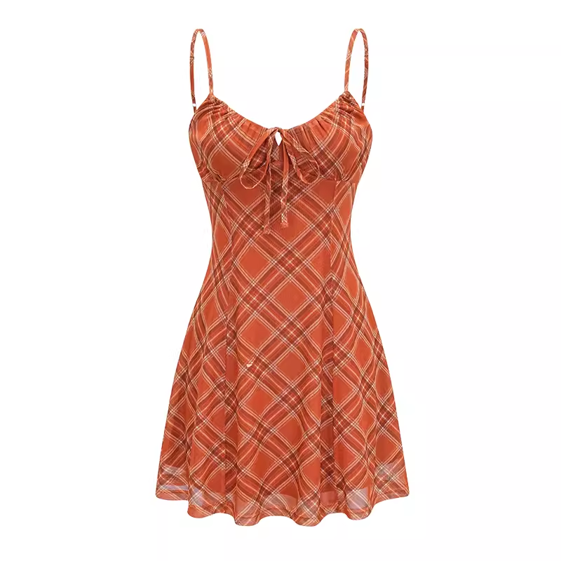 women's summer orange plaid suspender dress YM1287