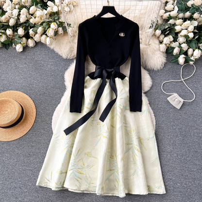 Autumn and winter knitted splicing jacquard puffy dress YM533