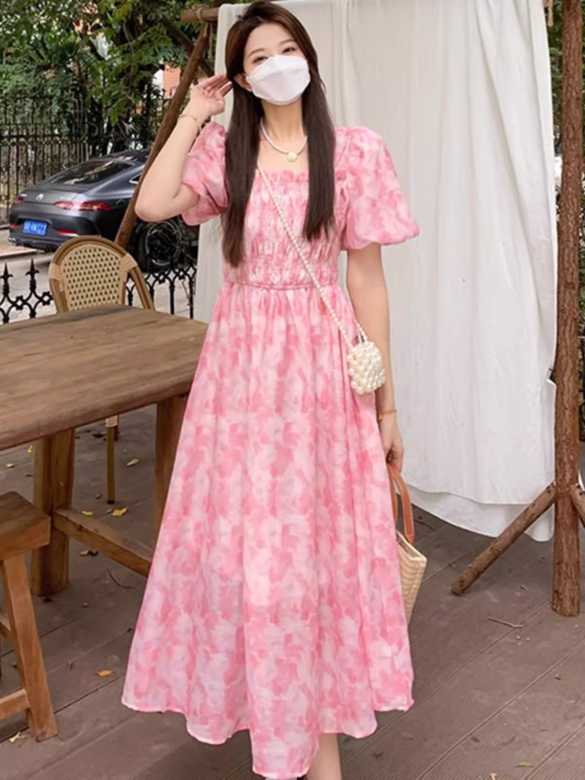 Pink Square Neck Floral Chiffon Dress YM1548