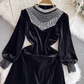 Long-sleeve stand-collar beaded panel ruffled velvet dress  YM1016