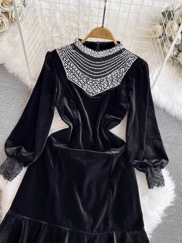 Long-sleeve stand-collar beaded panel ruffled velvet dress  YM1016