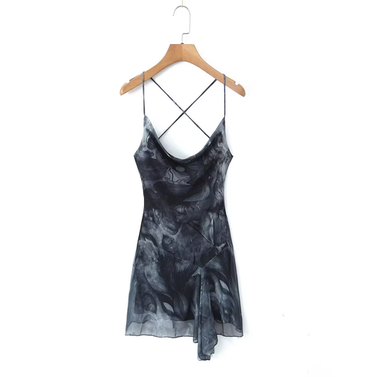 Tie-dye printed mesh irregular dress YM1350