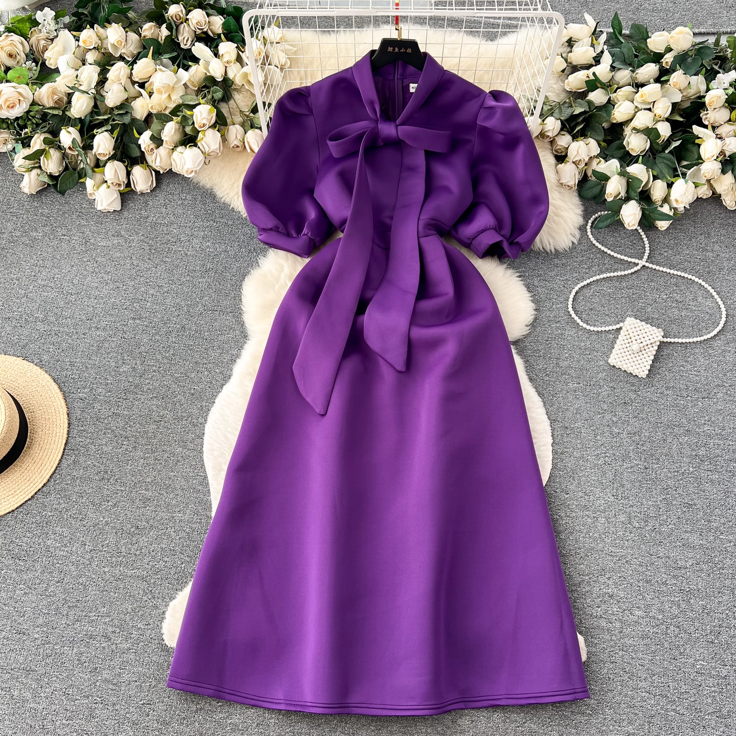 Vintage Bow Tie Puff Sleeve Dress YM453