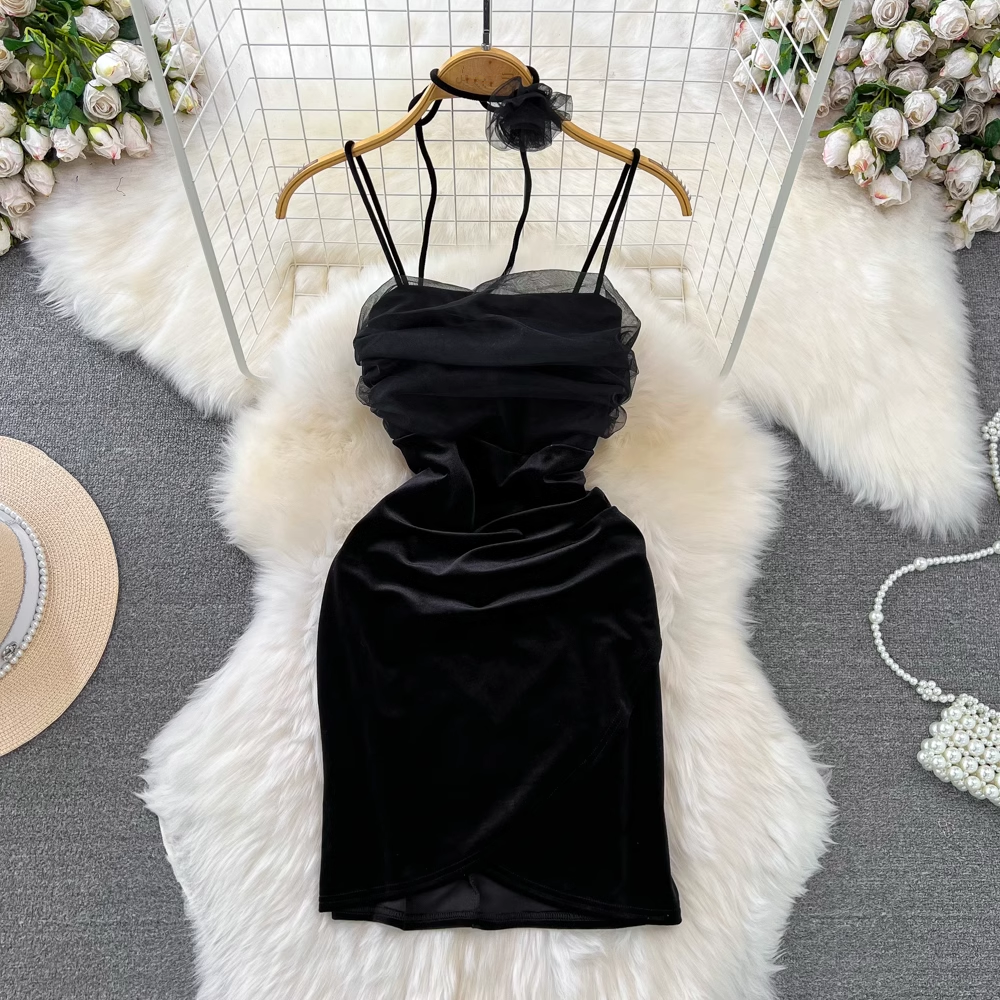 Summer fashion sexy tube top mesh stitching velvet dress for women YM843