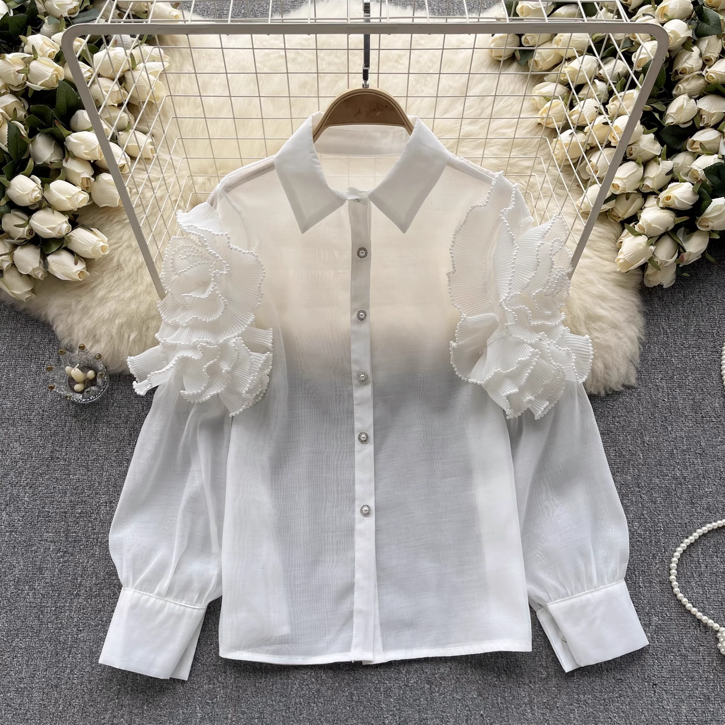 women's summer three-dimensional flower long sleeve mesh blouses YM353