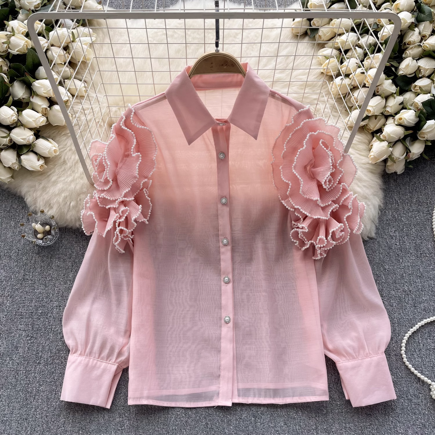 women's summer three-dimensional flower long sleeve mesh blouses YM353